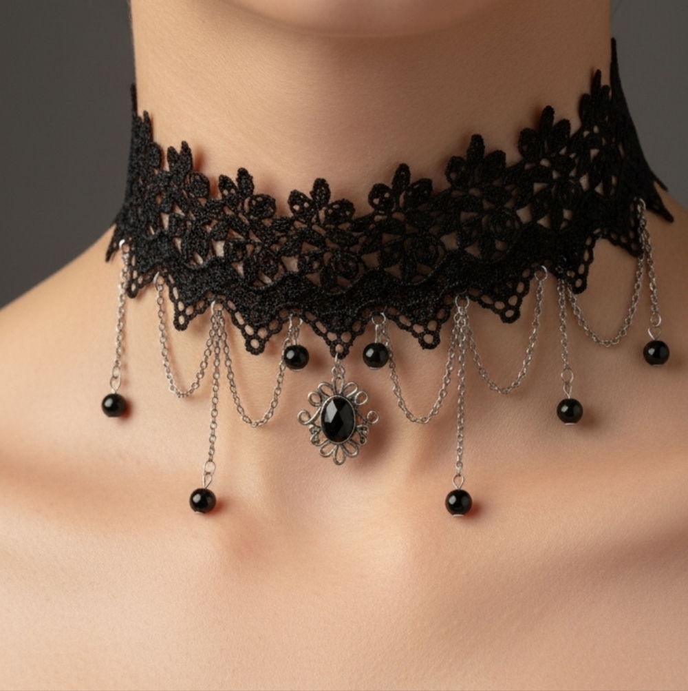 🖤 Black Gothic Lace Dangle Choker Necklace New